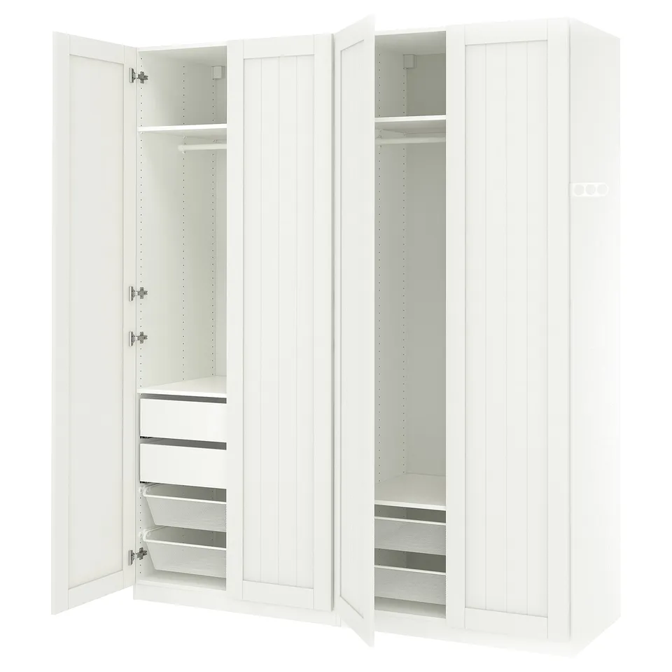 White PAX wardrobe with open drawers and compartments.