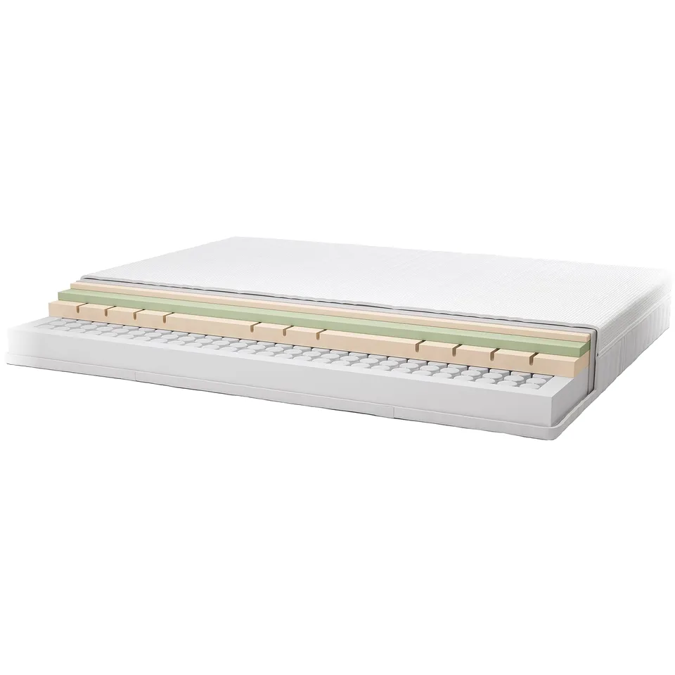 Mattress cross-section: polyester top, foam layers, spring base