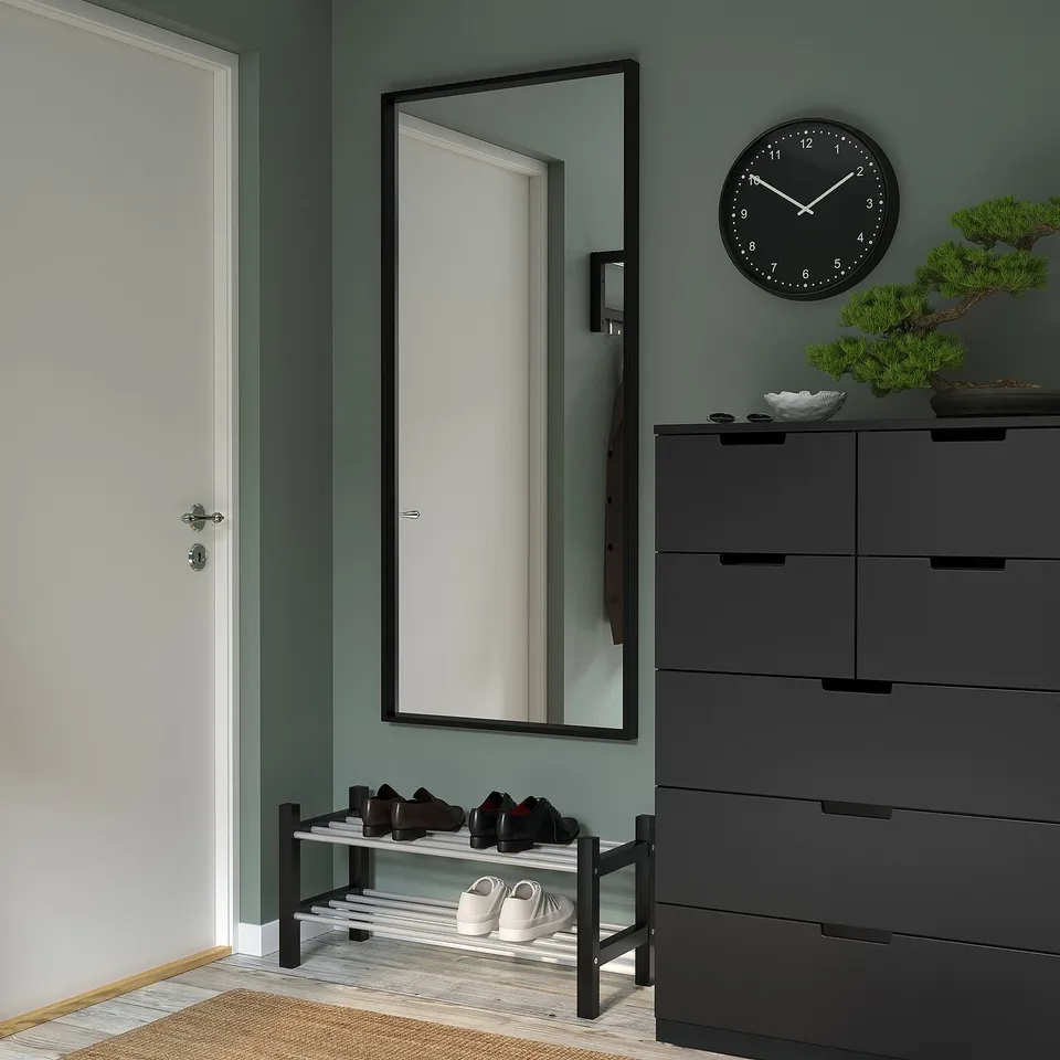 Modern entryway with NISSEDAL mirror, bonsai tree, and shoe rack.