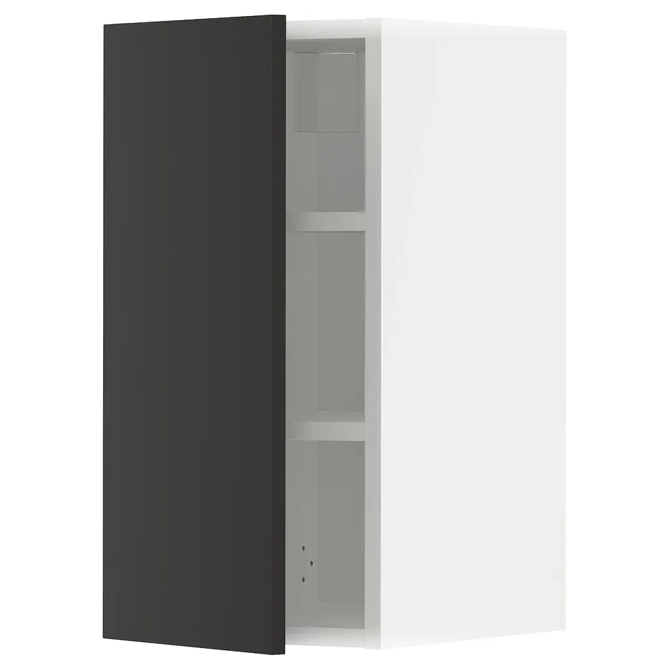 Modern black kitchen cabinet with shelves.
