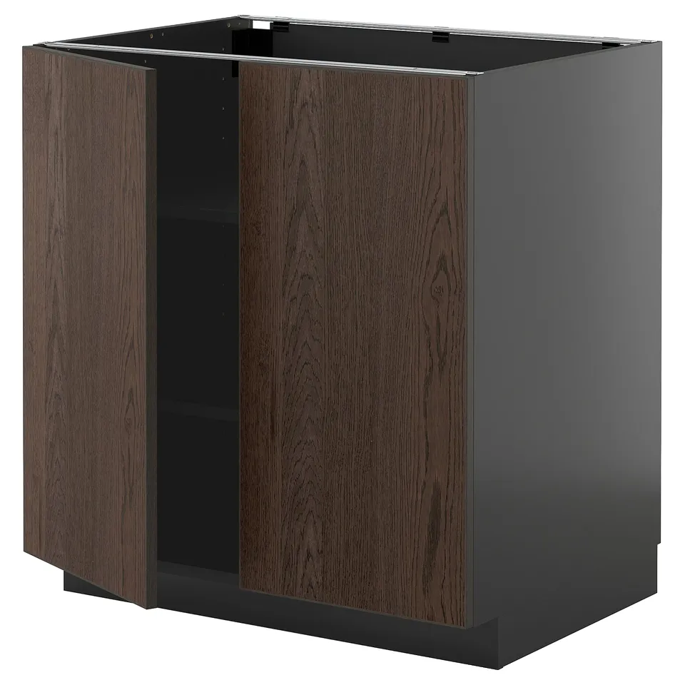 METOD kitchen unit: grey base, dark brown wood doors, square shape, modern design.