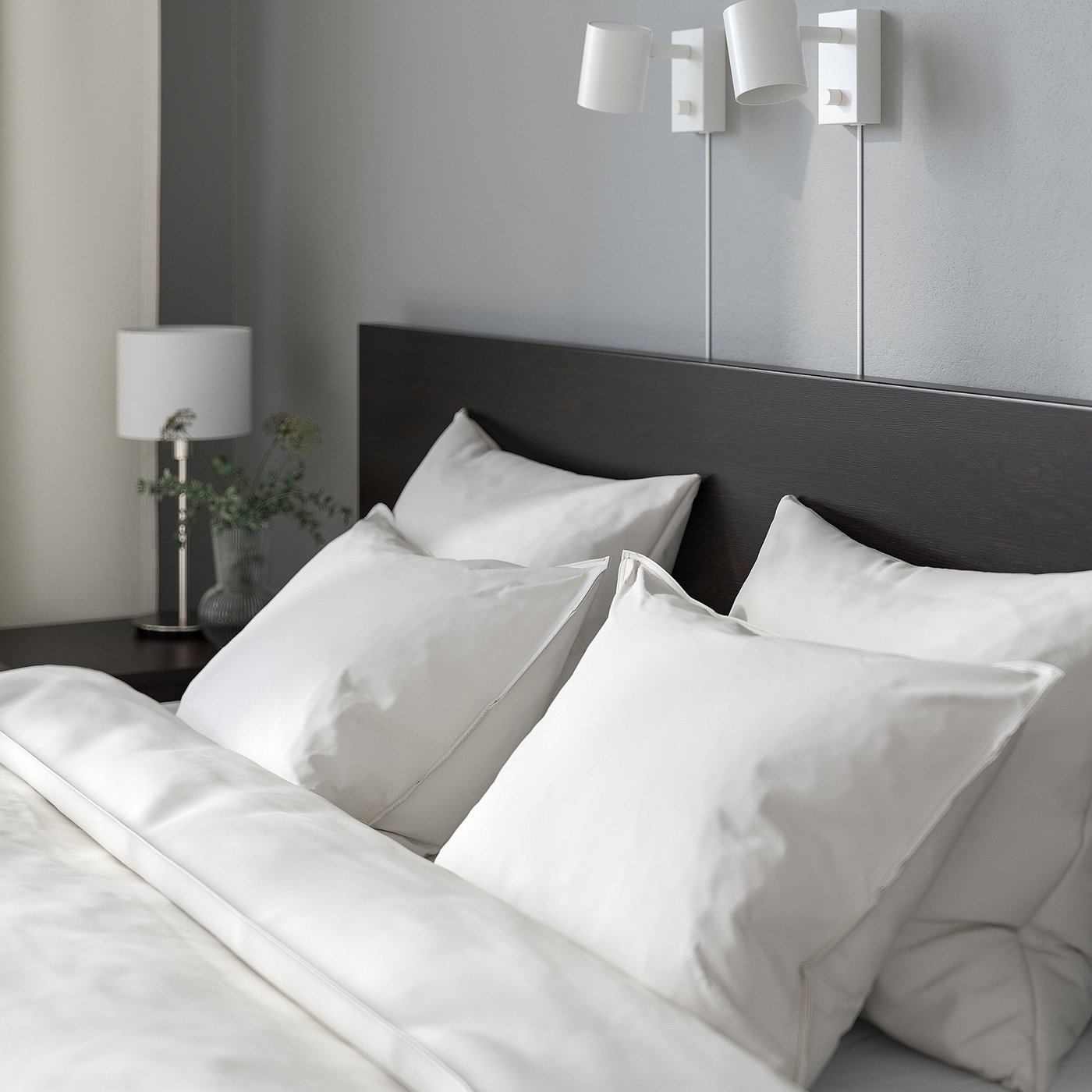 Bed with high headboard, adjustable slats, and wall lights.