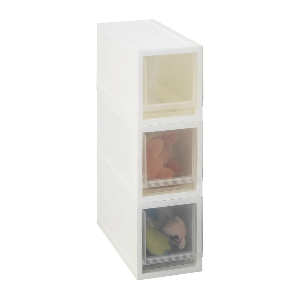 Three stacked white SOPPROT pull-out drawers, each with clear front, filled with various items, ideal for organising and easy access.