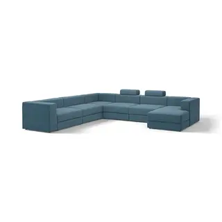 JÄTTEBO u-shaped sofa, 7-seat, with chaise longue, right with headrests/Axvall dark grey-blue, Height 87 x Depth 95 cm