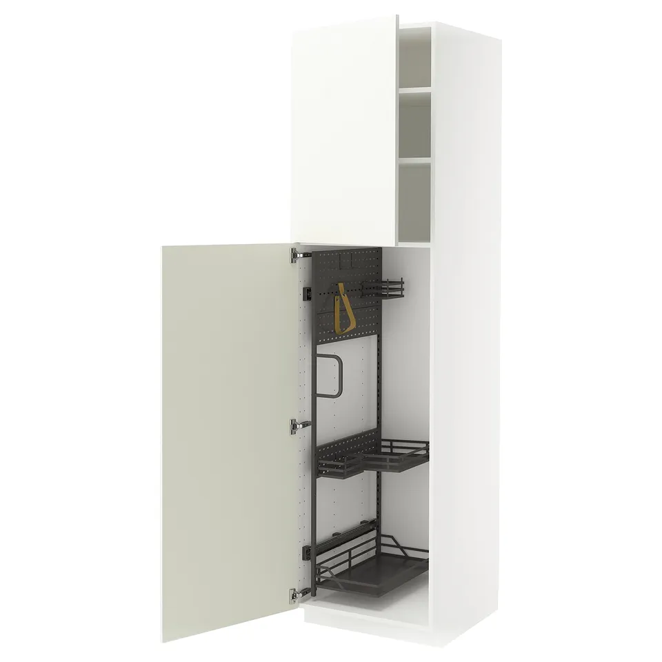 METOD kitchen cabinet, white, with pull-out organisers, open door showing interior. Sturdy, efficient storage solution.