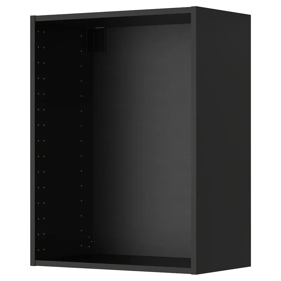 A black METOD wall cabinet for kitchen storage. Its rectangular, with a flat top and bottom, and pre-drilled holes for adjustable shelving.