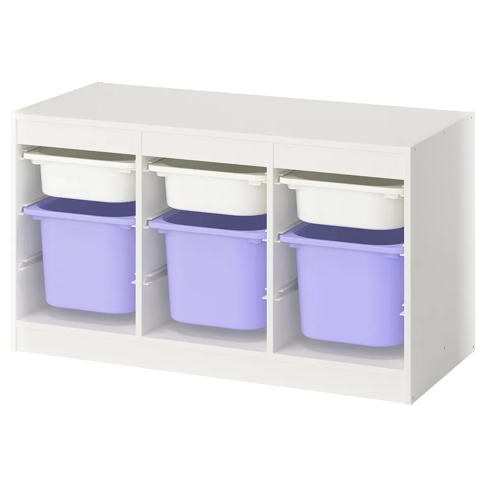 A white TROFAST storage unit with purple and blue plastic containers.