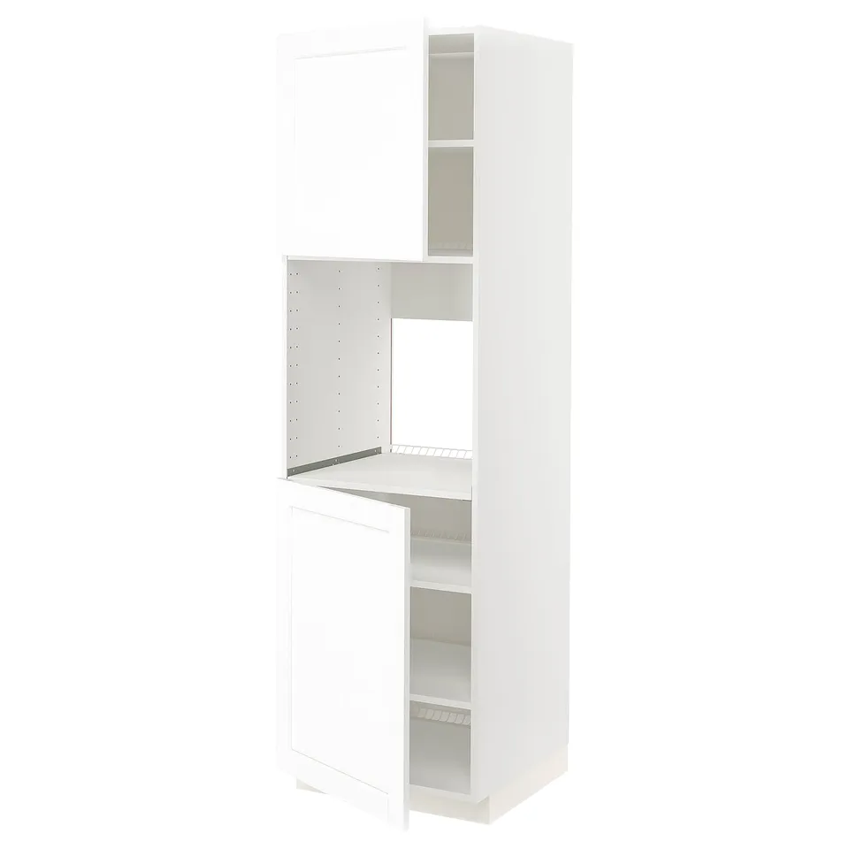 White METOD kitchen unit with adjustable shelves and wooden grain finish.