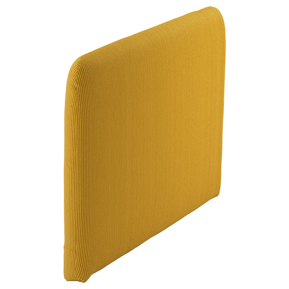 Bright yellow SÖDERHAMN pillow with textured, soft fabric, rectangular shape, slight curve, wide wale corduroy design.