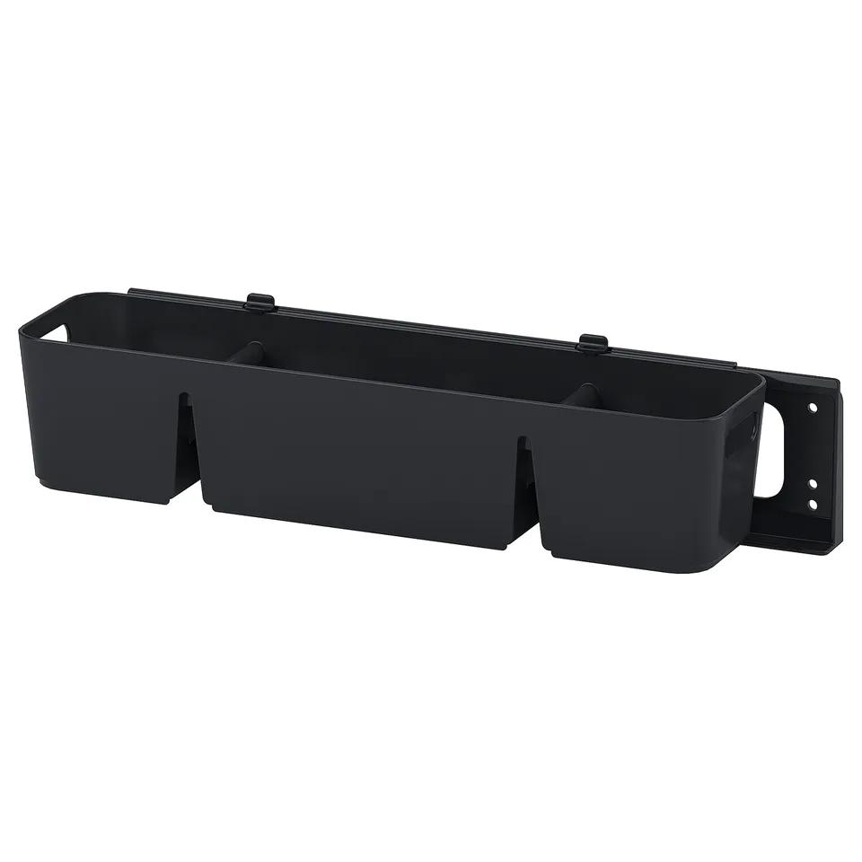 Black UPPDATERA storage organiser, rectangular, plastic, 3 compartments, wall-mount.