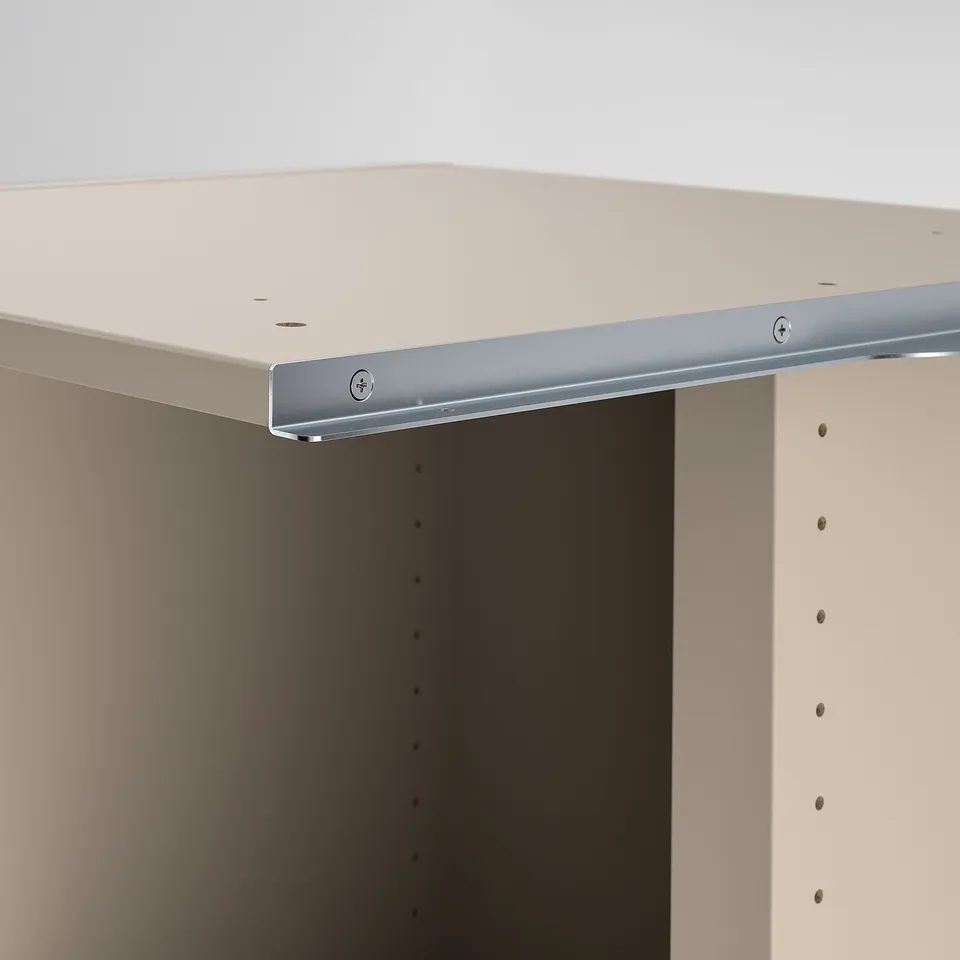 Close-up of modern shelf unit, showing high-quality metal rail and smooth, flush surface, ideal for corner spaces.