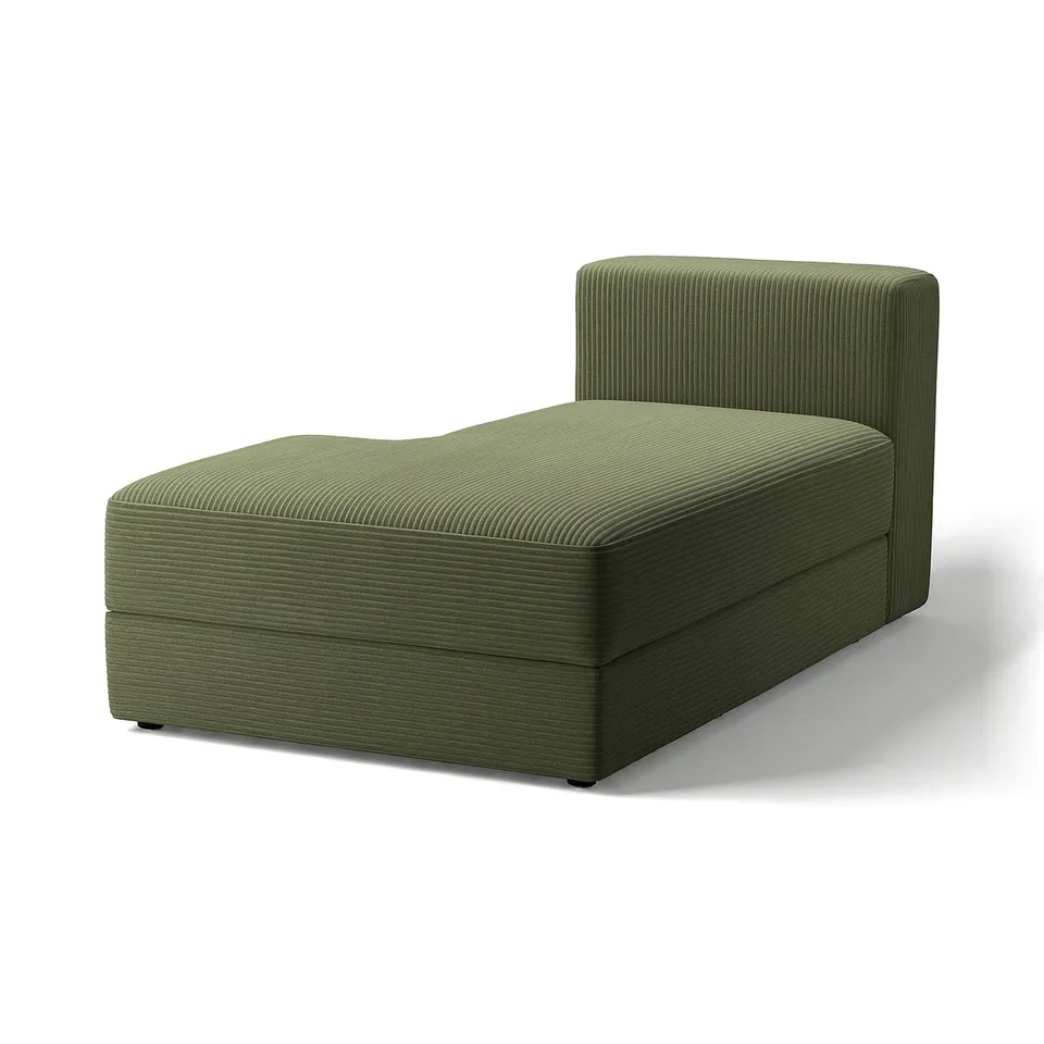 This image the IKEA JÄTTEBO olive-green chaise longue sofa module, showcasing its streamlined design, ribbed texture, and built-in storage.