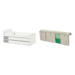 MÖJLIGHET/SLÄKT set: bed frm w strg+guard rl+slat bd bse + bed pocket, white + beige, 90x200 cm