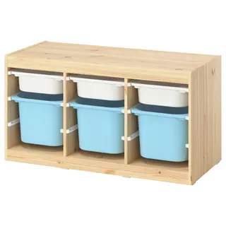 TROFAST set: frame + storage box x3 + storage box x3, light white stained pine + light blue + white, 93x44x53 cm