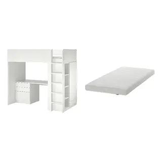 SMÅSTAD/ÅFJÄLL set: loft bed + foam mattress, white white/with desk with 4 drawers + firm/white, 90x200 cm