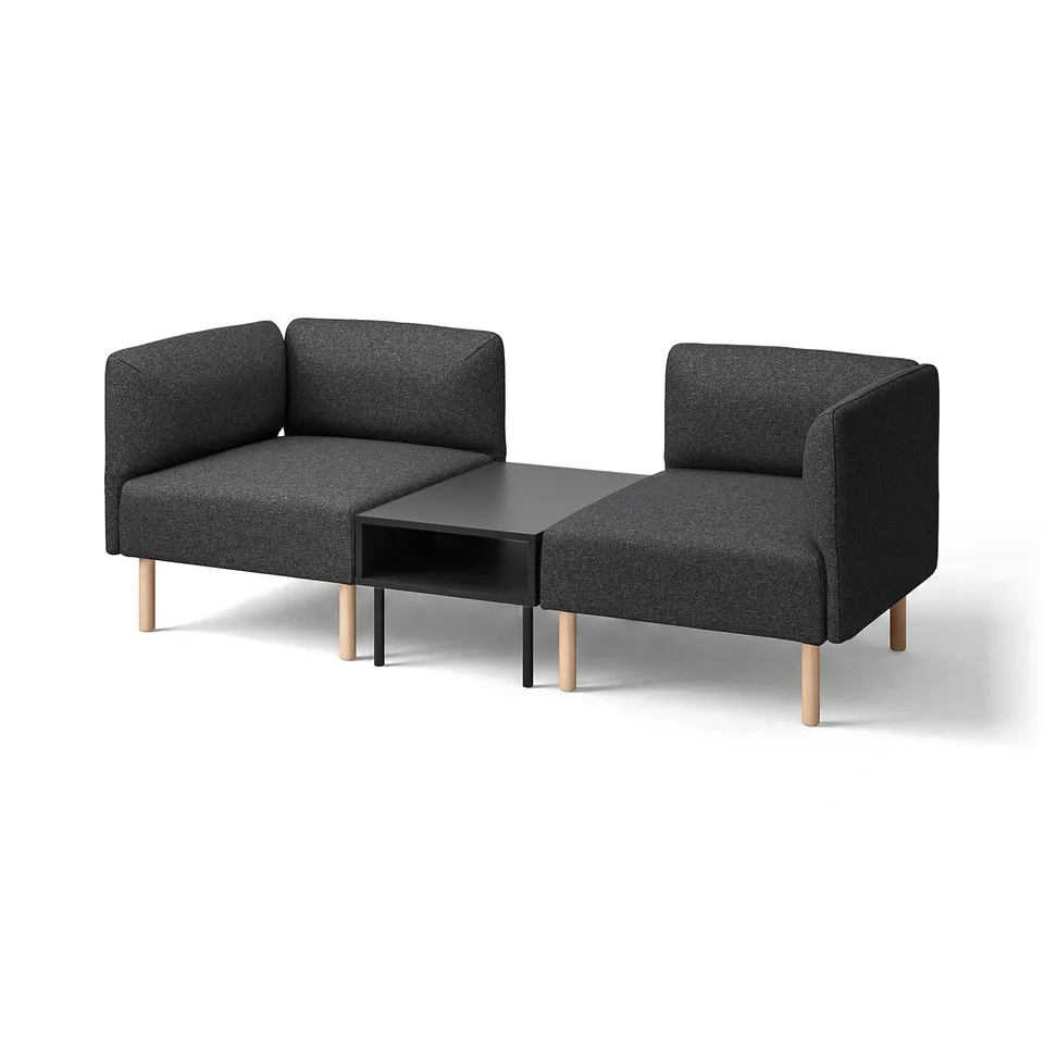 Modern LILLEHEM grey sofa set with wood legs, clean lines, l-shaped. Includes small black side table.