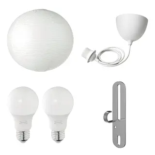 FÖRUT/GULLSUDARE/HAVSDJUP/SOLHETTA set: pendant lamp shade + cord set + LED bulb E27 470 lumen + pendant/ceiling lamp hook, white/handmade + white + globe opal white, 70 cm