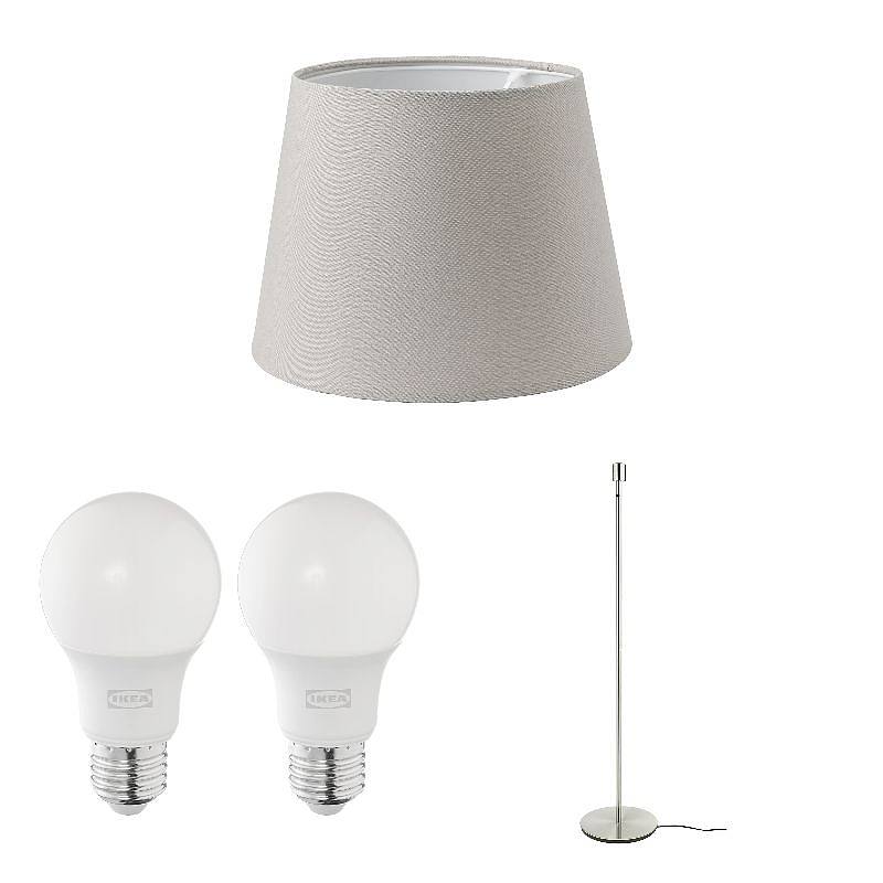 SKAFTET/SKOTTORP/SOLHETTA set: lamp shade + LED bulb E27 806 lumen + floor lamp base, light grey + dimmable/globe opal white + nickel-plated, 33 cm