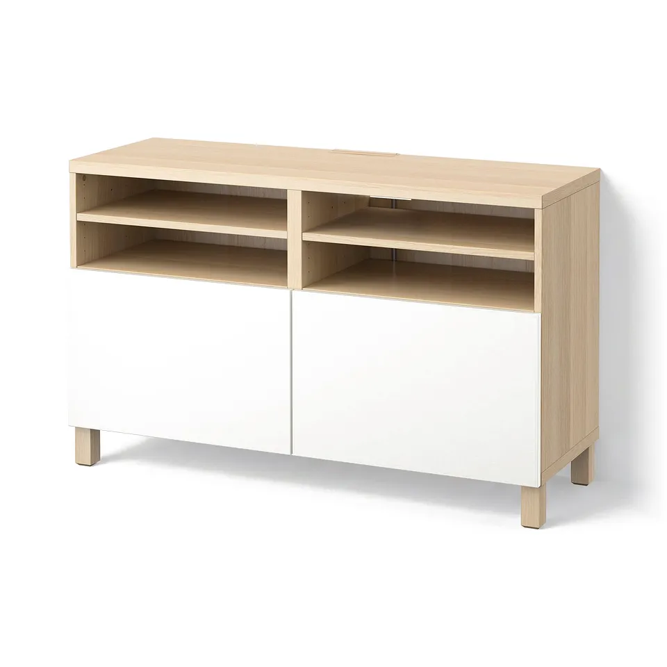 BESTÅ TV bench with doors, white stained oak effect/Lappviken/Stubbarp white, 120x42x74 cm