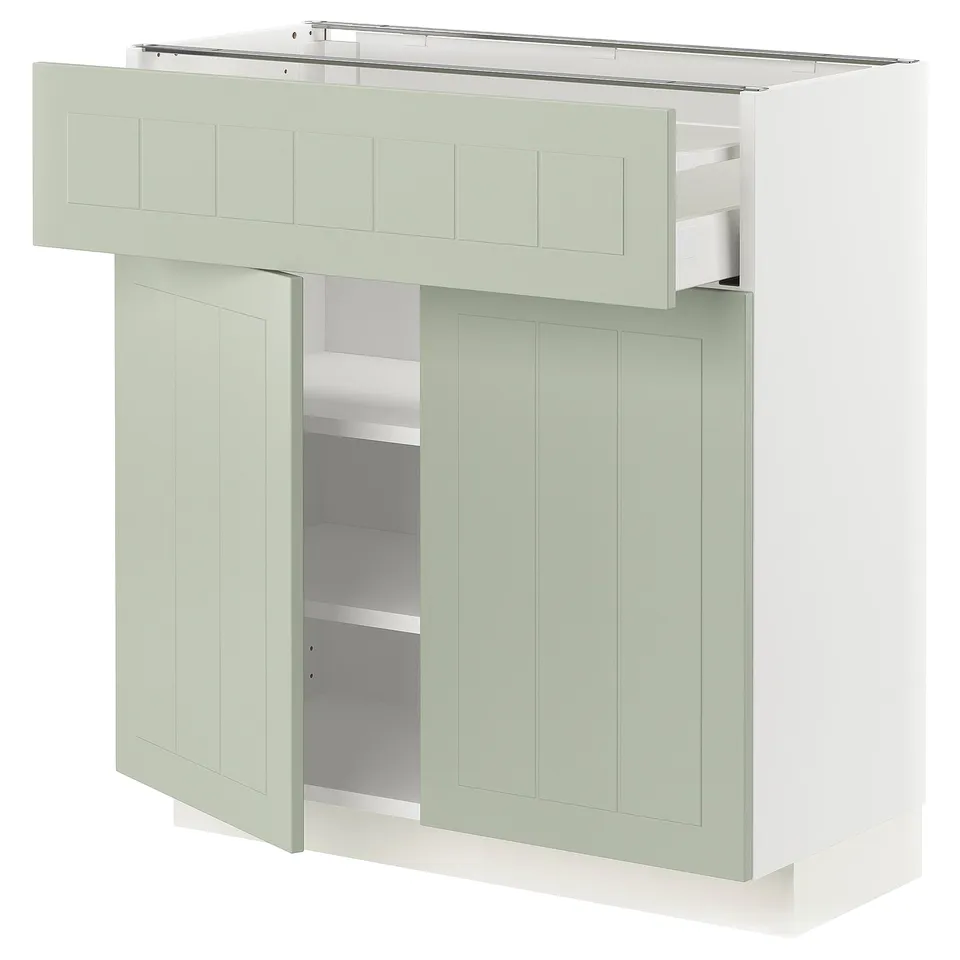 METOD kitchen unit in green with drawer and shelves, modern design.