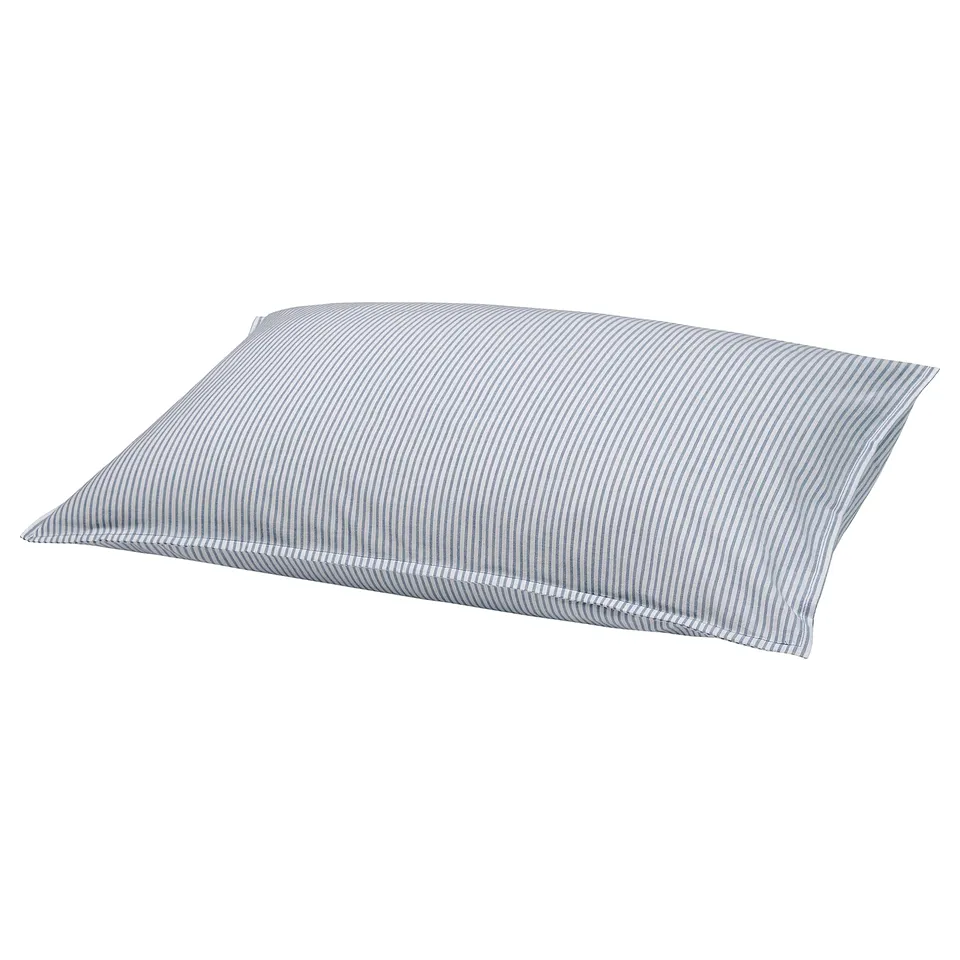 A blue and white striped solfibo sofa cushion made of 100% cotton. It is rectangular with a soft, padded shape.