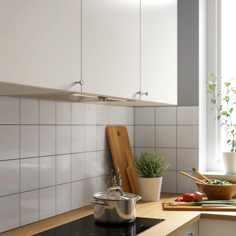 Modern white kitchen with black stove, wood counters, plants, cutting board.
