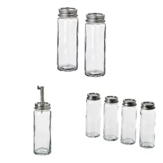 CITRONHAJ set: salt and pepper shakers + oil/vinegar bottle + spice jar, clear glass/stainless steel, 12 cm