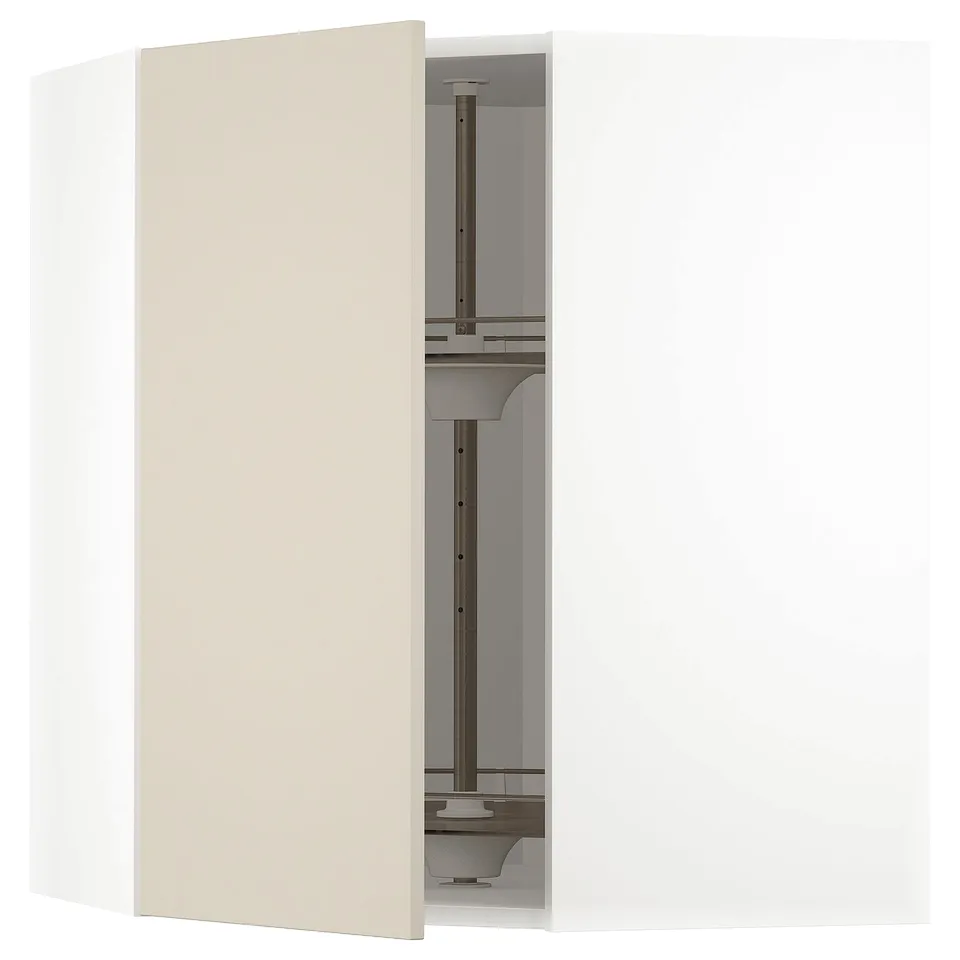METOD base cabinet in beige with adjustable glass shelf.
