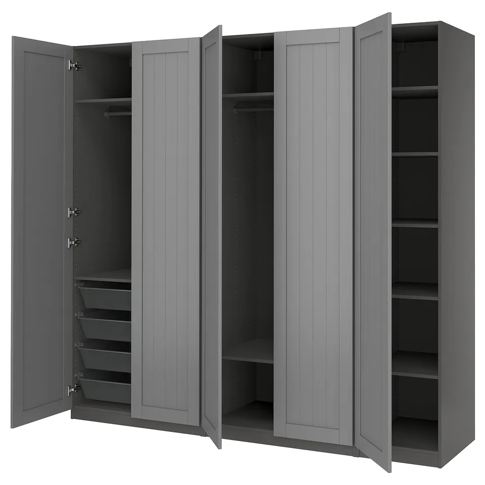 Grey PAX wardrobe with open doors, featuring shelves and drawers, made of particleboard and fiberboard.
