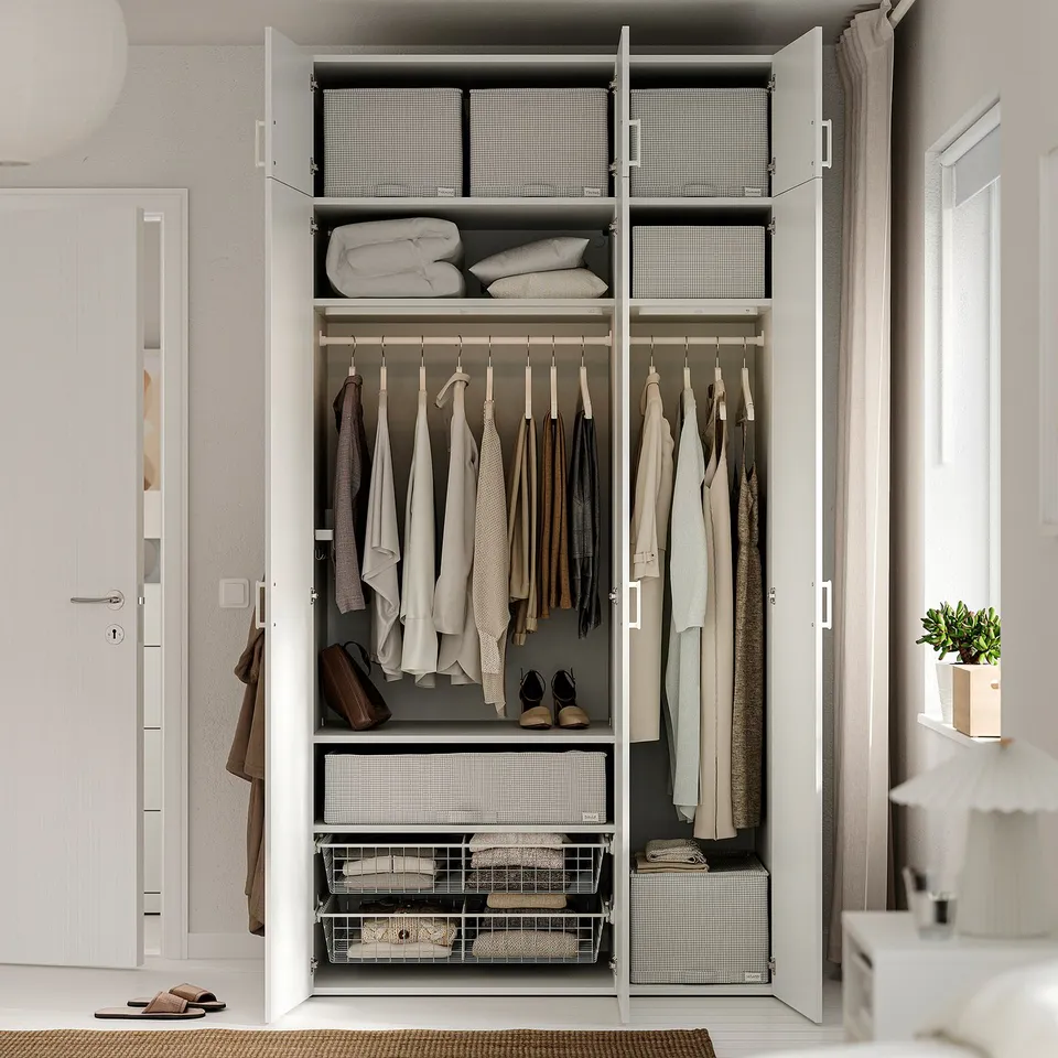 Open wardrobe with neatly hung clothes, folded blankets, and mesh storage bins on shelves. Sliding doors reveal organised storage system.
