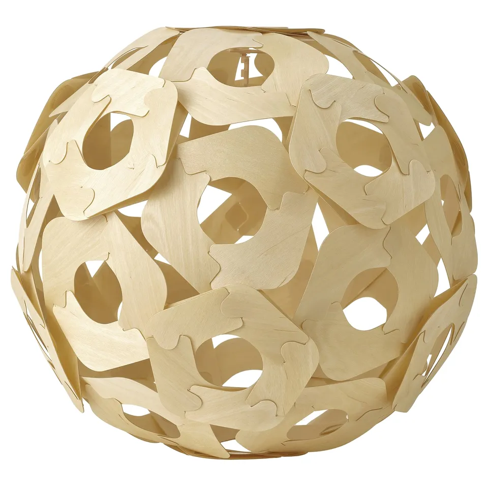 ÖDLEBLAD pendant lamp, light wood, spherical, geometric design, natural wood slices.