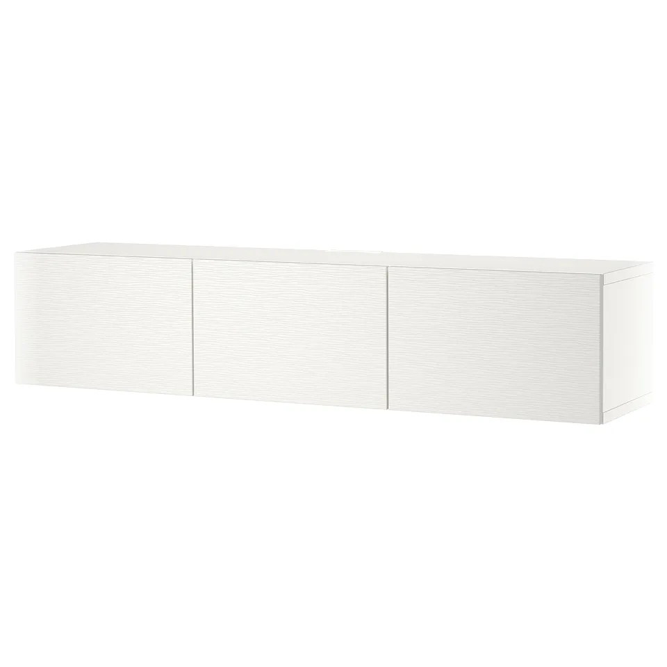White BESTÅ tv bench, modern design, wall-mounted, three closed compartments, minimalist style.