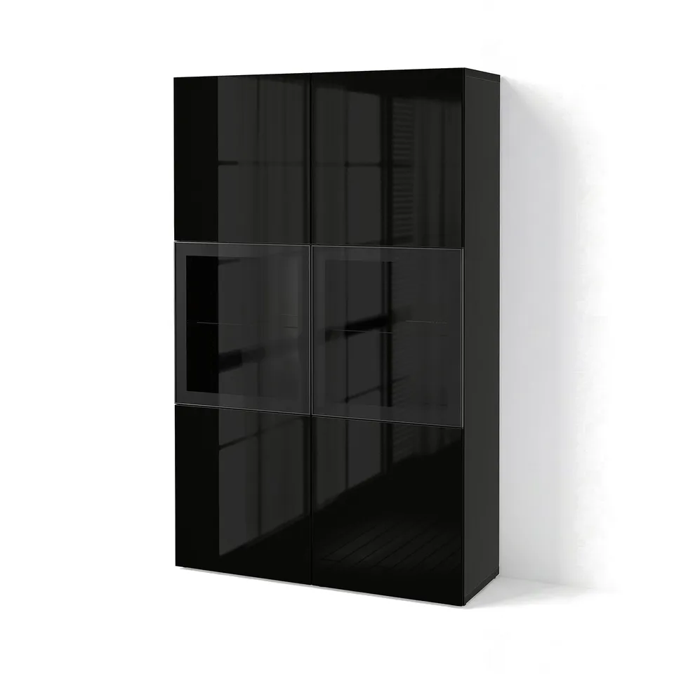 BESTÅ Storage combination w glass doors, black-brown/Selsviken high-gloss/black clear glass, 120x42x193 cm