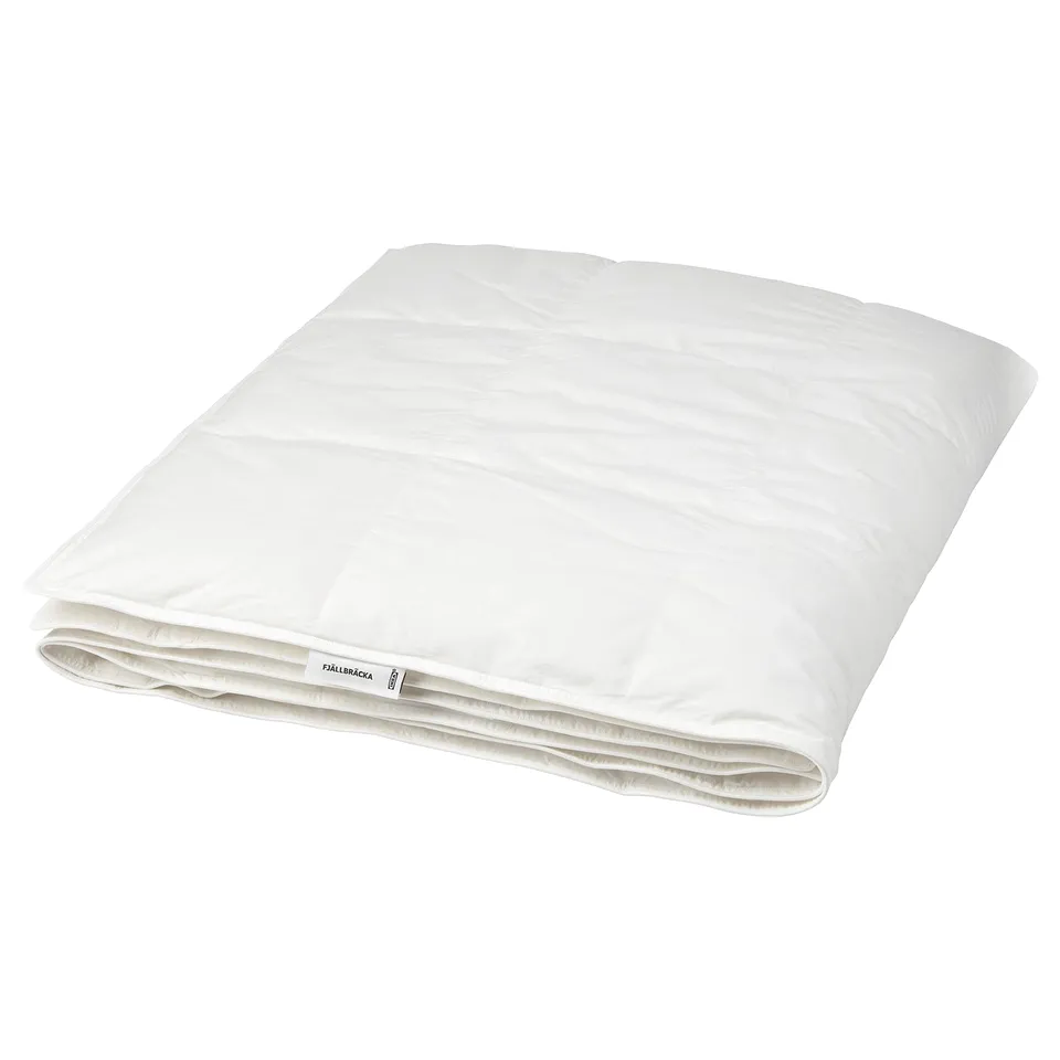 Fjällbracka white duvet, folded, with white label, soft cotton, recycled down/feather fill.