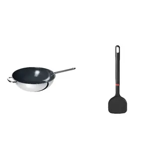 wok + spatula set: wok + wok spatula, stainless steel/non-stick coating + silicone, 32 cm