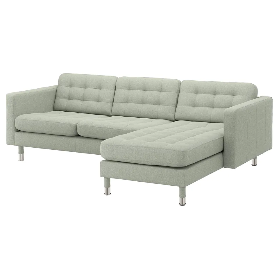 New LANDSKRONA sofa, light grey, modern, tufted, l-shaped with removable armrests.