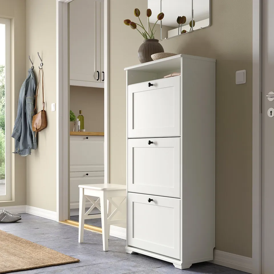 White BRUSALI shoe cabinet, 3 compartments, modern design, entryway, with side hooks.