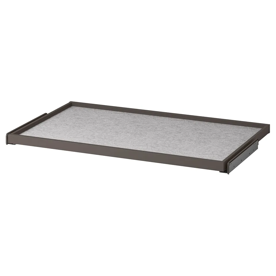 Rectangular pull-out tray, grey, made of wood fibre, with non-slip drawer mat, sleek design.