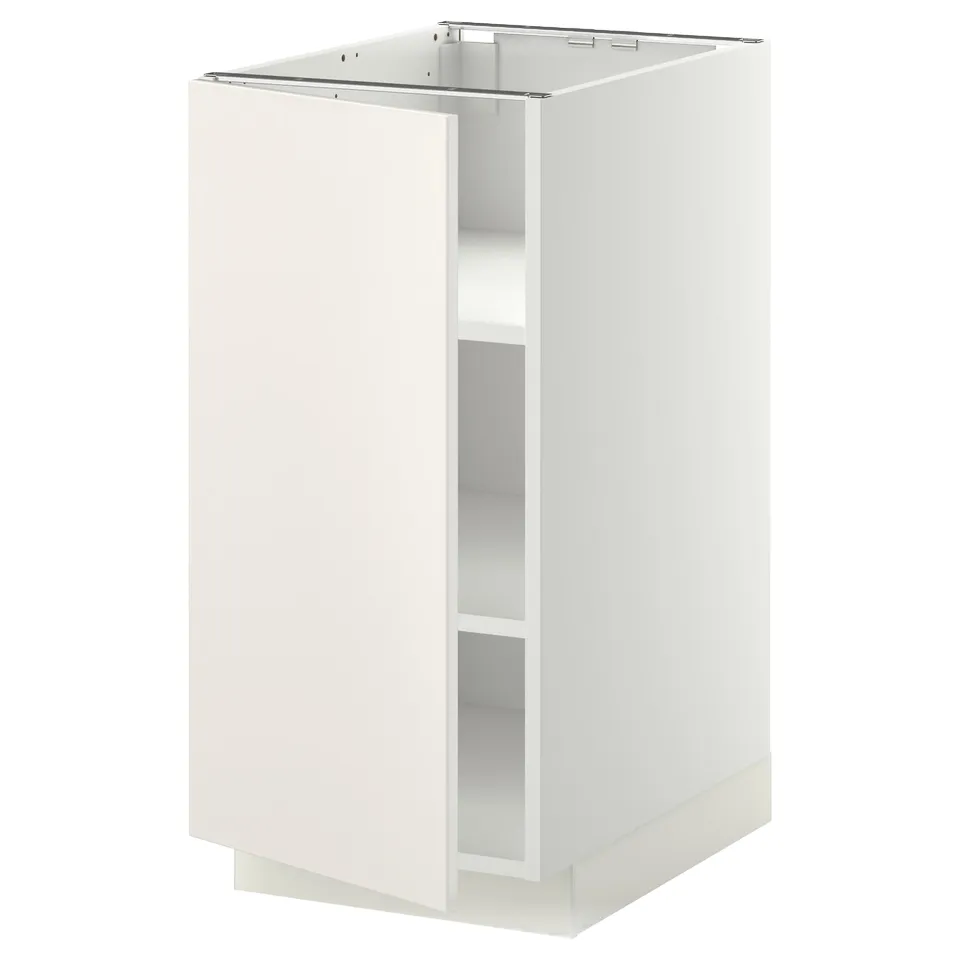 A white METOD kitchen cabinet with smooth surfaces and minimalist design, featuring adjustable shelves.