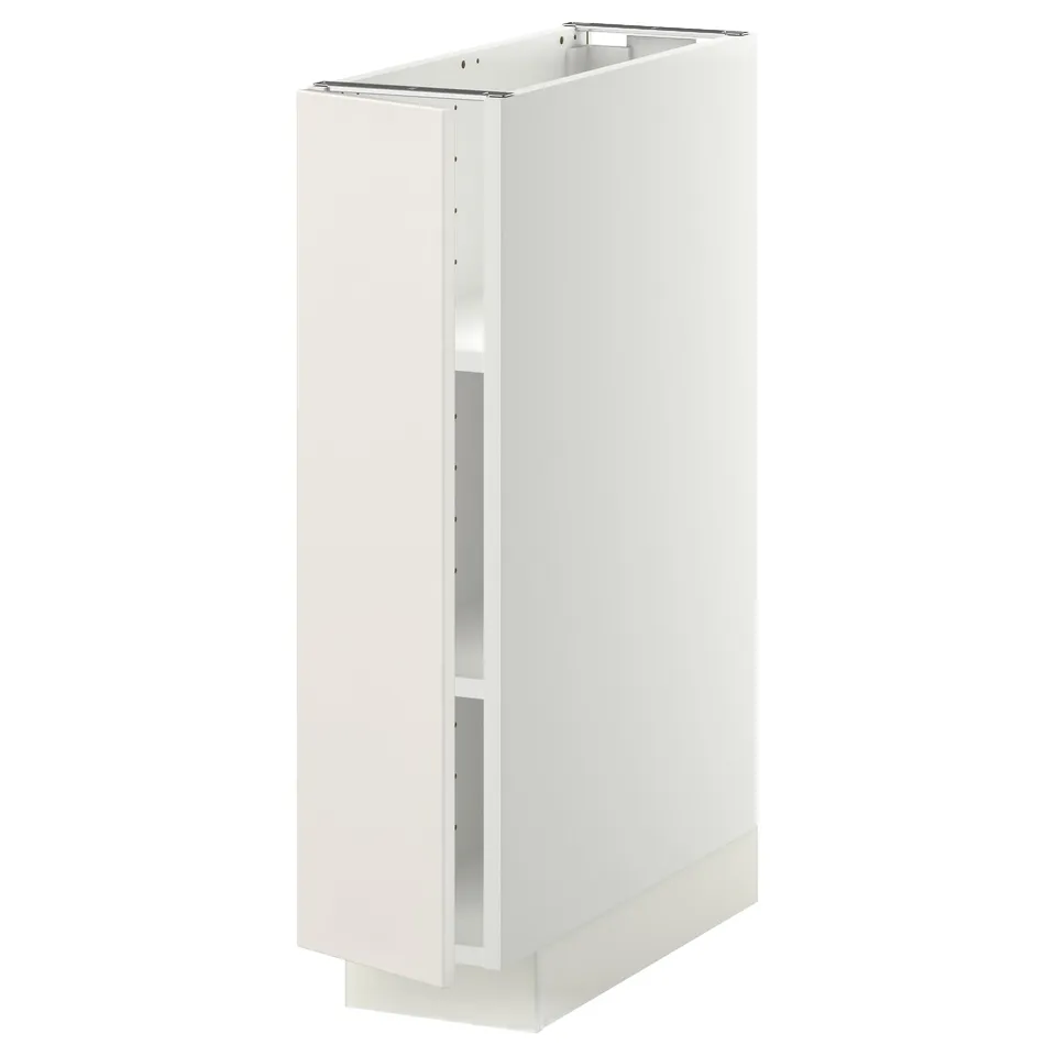 Displays a METOD base cabinet in white, featuring a sleek design with adjustable shelves and double doors.