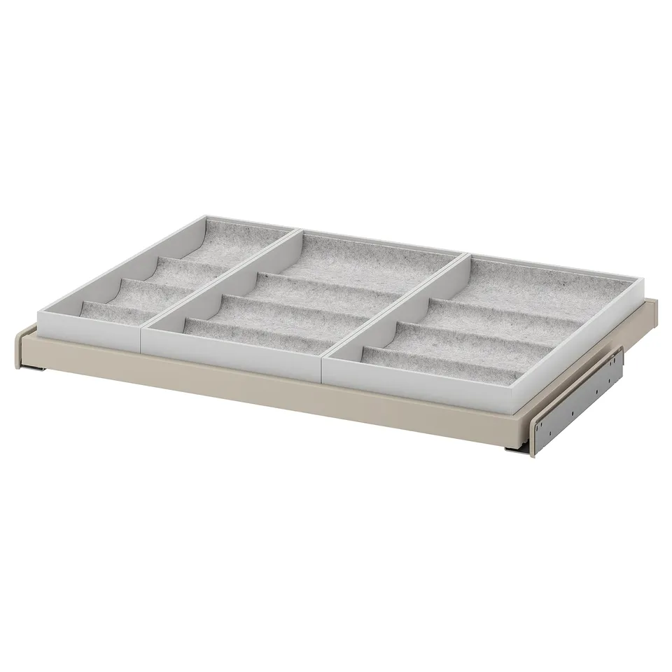 KOMPLEMENT pull-out tray organiser, beige, felt inserts, rectangular, sliding design.