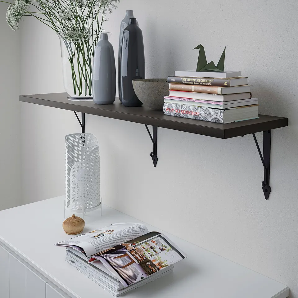 Modern dark shelf holds books, vases, and a plant, mounted on a light wall.