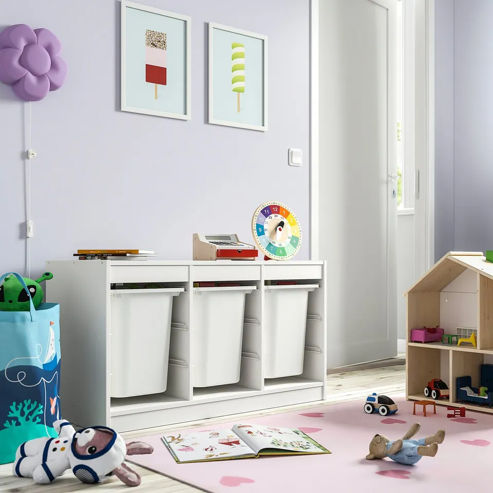 TROFAST kids storage, multi-compartment, light purple walls, toys, books, spacious.