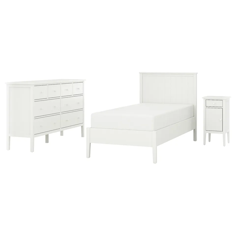 Minimalist white bedroom set: bed, dresser, bedside table. Clean lines, wooden.
