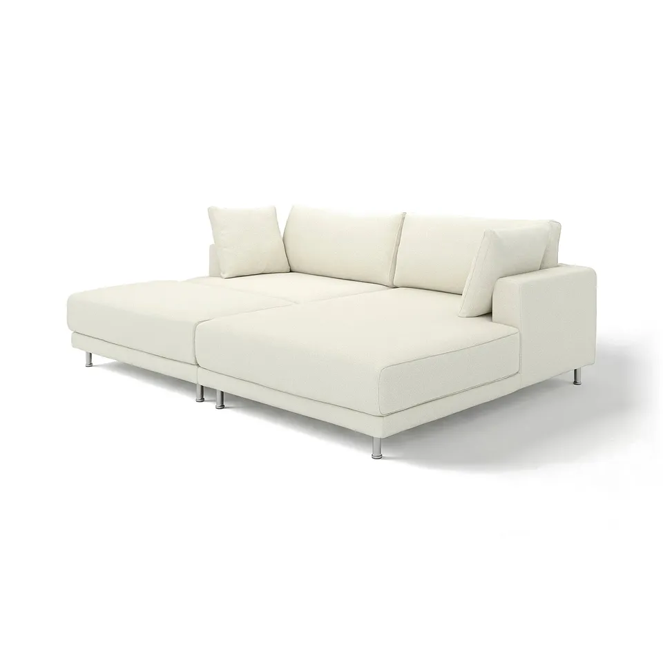 The UPPÅKRA sofa is a modern, cream-colored sectional with sleek lines and plush cushions, supported by metal legs.