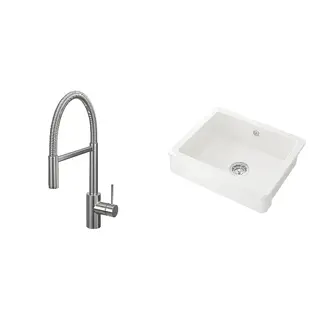 HAVSEN/SALLSJÖN set: sink bowl w visible front + kitchen mixer tap pull down w spray, stainless steel colour + white, Height 480 mm