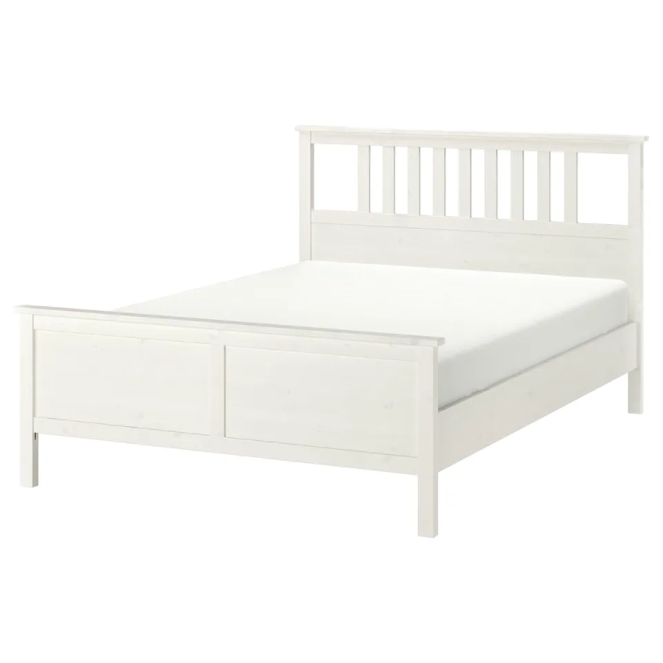 HEMNES white bed, wood, rectangular, simple design, solid pine, high head & footboard, clean look.