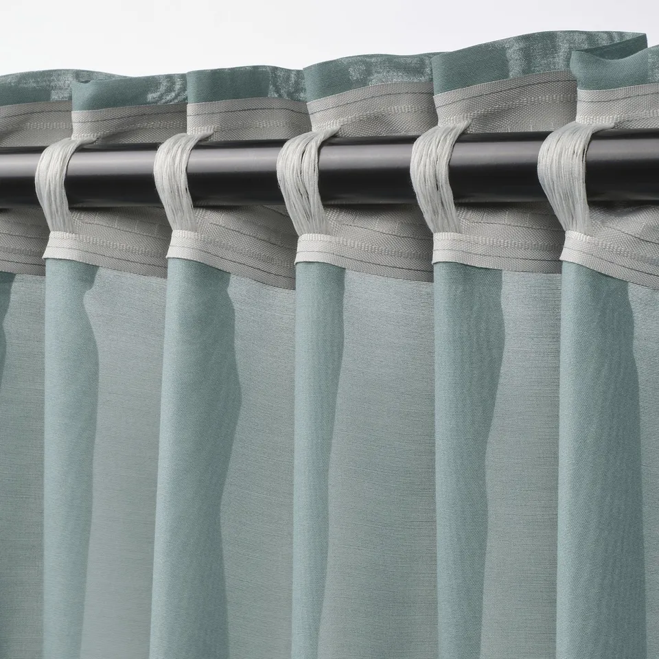 STENFRÖ Sheer curtains, 1 pair, turquoise/with heading tape, 145x250 cm