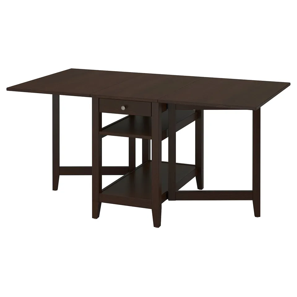 NÄSINGE dark brown folding dining table, wooden, rectangular, with storage, adjustable leaves.