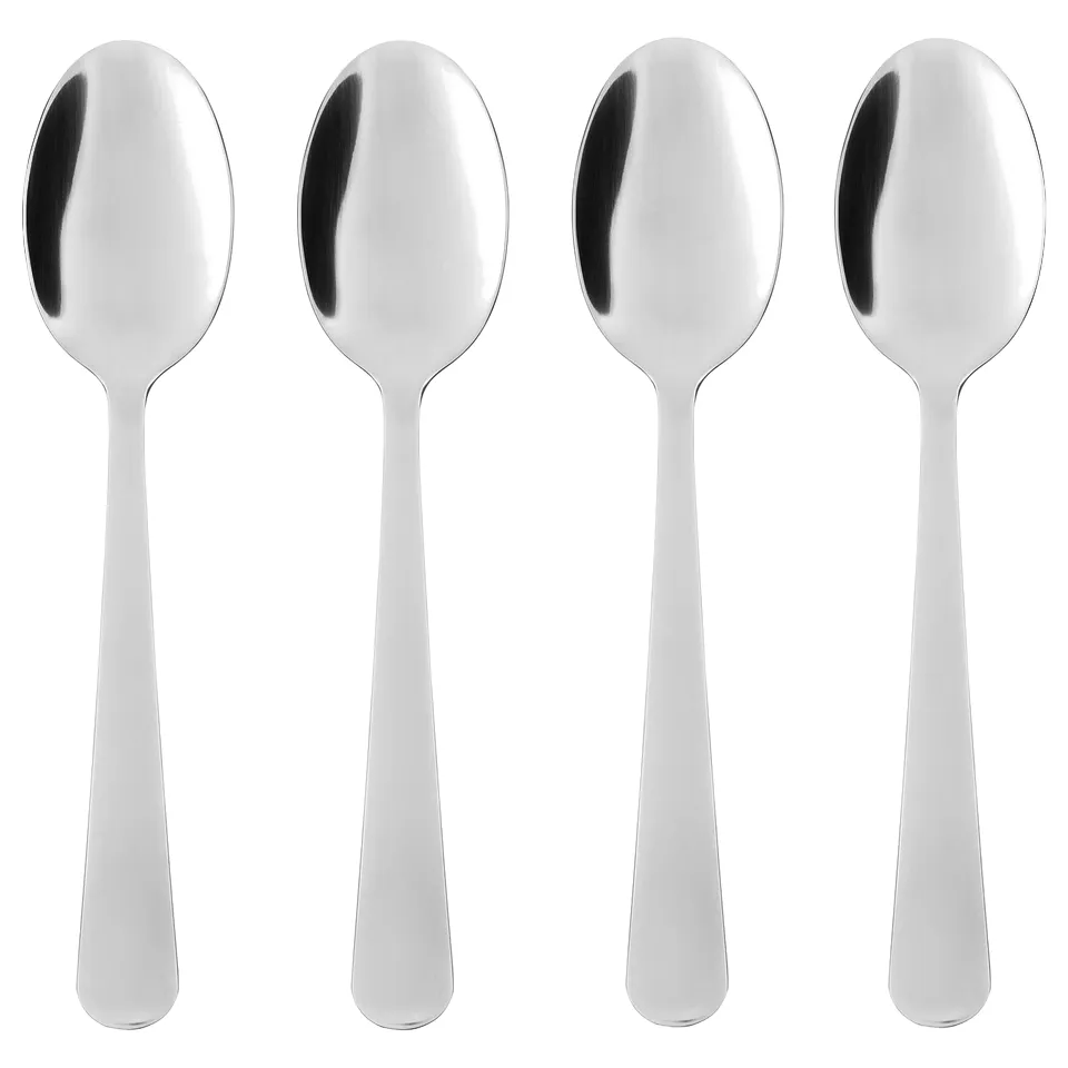 Four polished stainless steel spoons, each with a classic, smooth design, neatly arranged on a white background.
